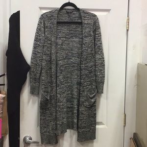 EILEEN FISHER- long sleeve long cardigan, gray and white, size medium